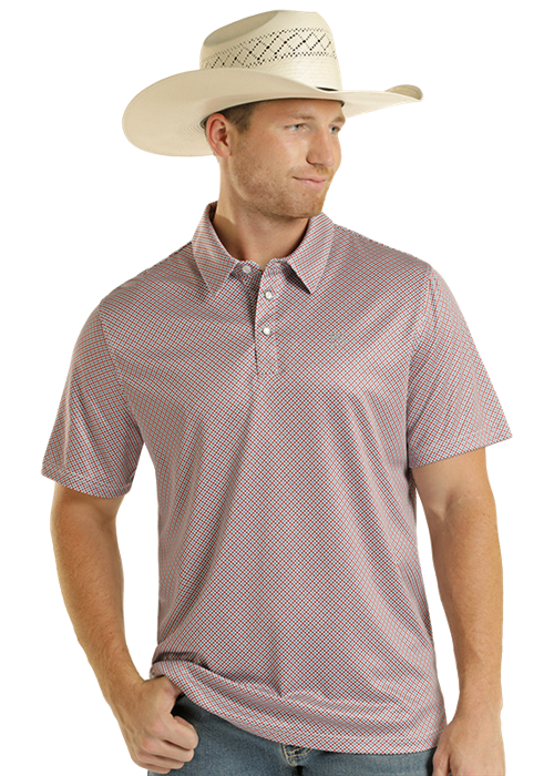 Man wearing a patterned polo shirt and cowboy hat on a white background