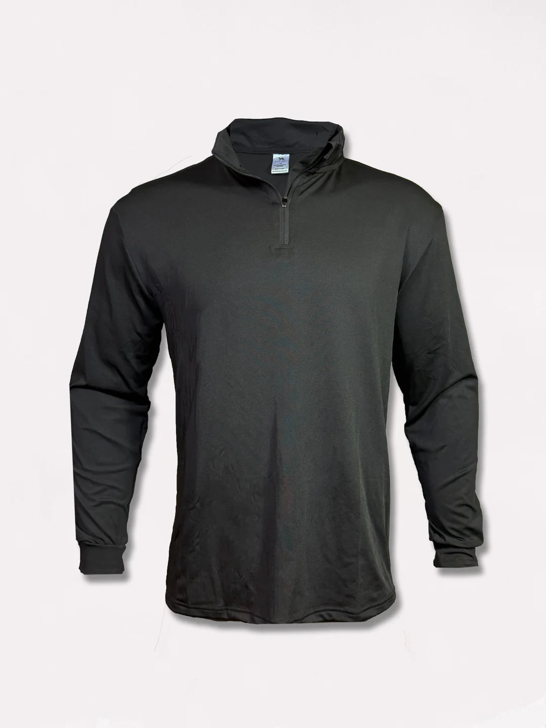 Black long-sleeve shirt with a quarter zip on a light gray background