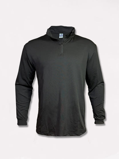 Black long-sleeve shirt with a quarter zip on a light gray background