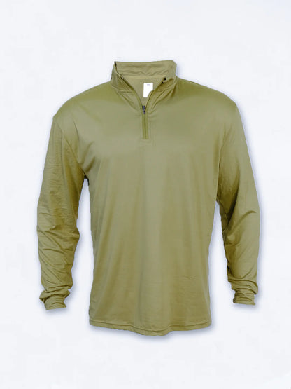 Olive green long-sleeve shirt with a quarter zip on a white background