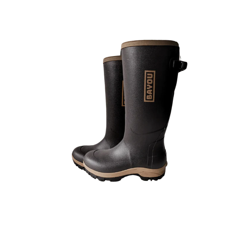 Black waterproof men's knee boots with BAYOU logo and tan sole, outdoor footwear