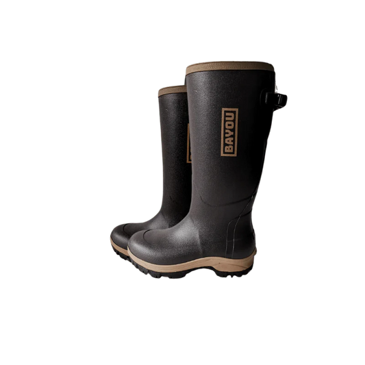 Black waterproof men's knee boots with BAYOU logo and tan sole, outdoor footwear